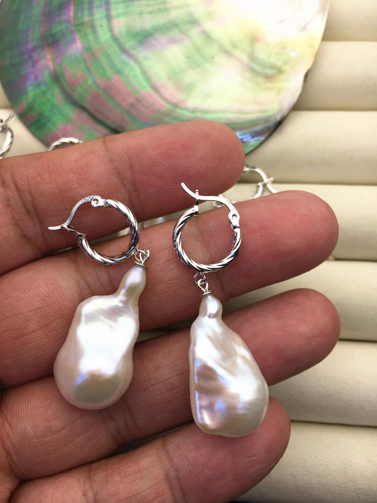 1 pair AAA 13-17mm white flame ball pearl hook earrings,sterling silver,earring with white baroque Natural Pearl,SE3-031-20