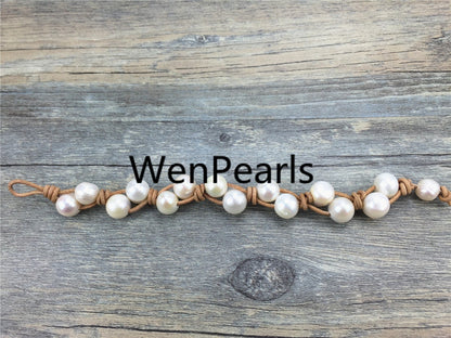9mm two rows pearl bracelet,Leather Pearls Bracelet, Handmade Cuff,White Pearls on Brown Leather,Black leather bracelet,Le7-050