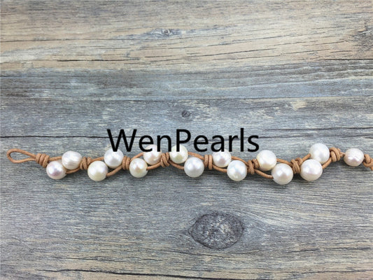 9mm two rows pearl bracelet,Leather Pearls Bracelet, Handmade Cuff,White Pearls on Brown Leather,Black leather bracelet,Le7-050