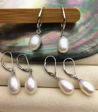 9mm white rice pearl dangling earrings,bridesmaid earring, genuine pearl for wedding anniversary, pearl with france hoop,SE3-074