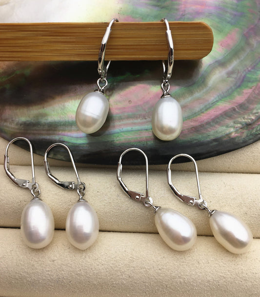 9mm white rice pearl dangling earrings,bridesmaid earring, genuine pearl for wedding anniversary, pearl with france hoop,SE3-074