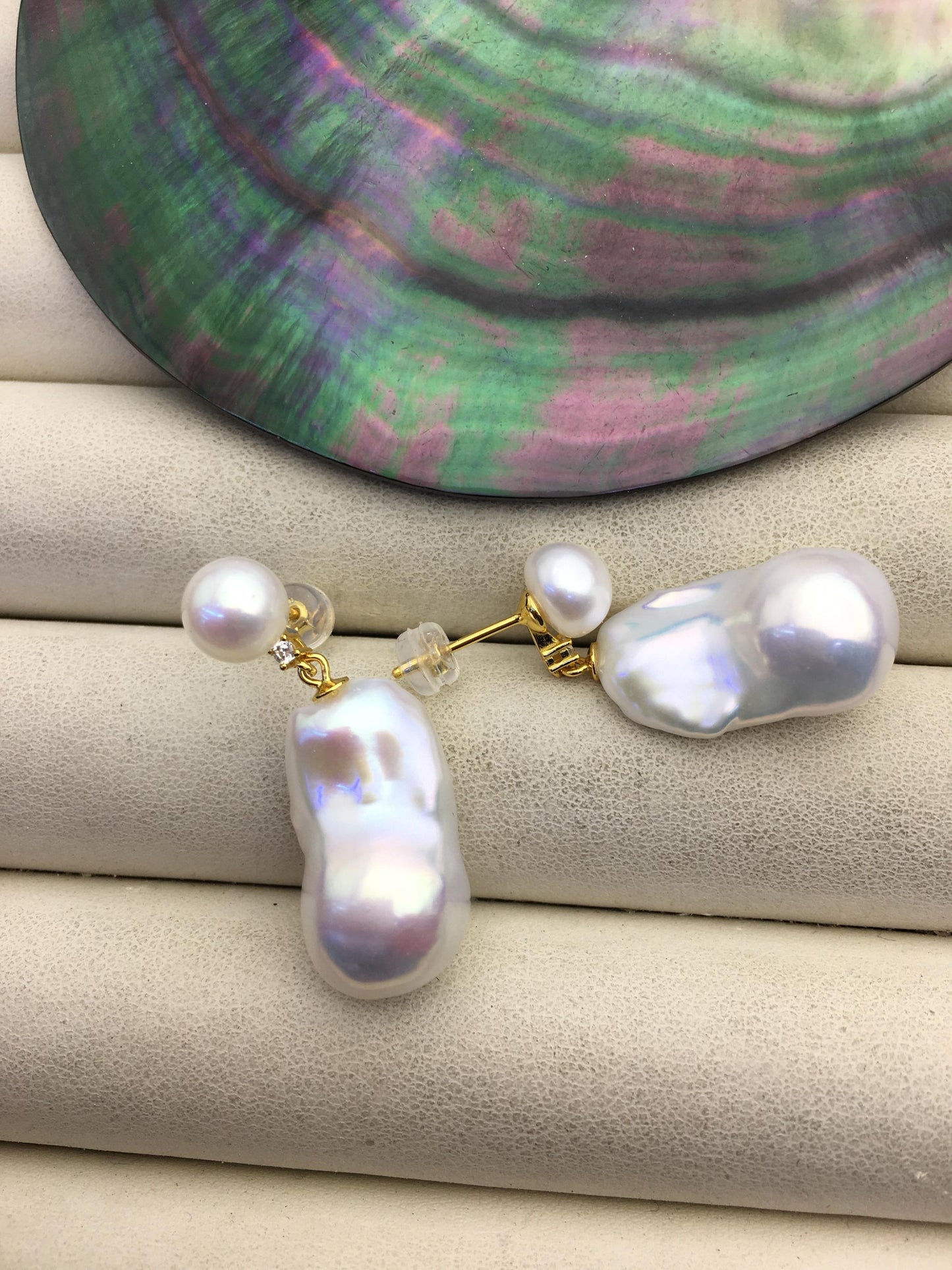1 pair AAA 13-16mm flame ball pearl diamond stud earrings,sterling silver,earring with white baroque Natural Pearl,SE3-031-37