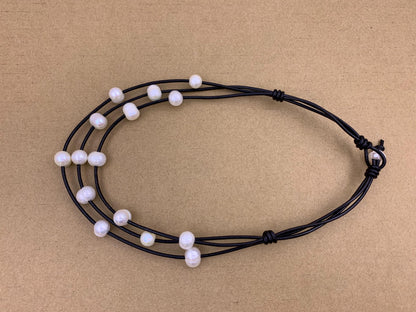 Three rows Floating pearls and leather Necklace, 3 Rows Leather Necklace ,Multi-Strand Pearls necklace ,Pearl and Leather,Le4-075