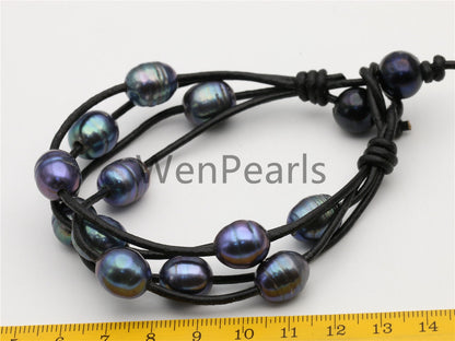 4 rows leather pearl bracelet,Select leather color,Handmade Cuff,Malachite Green Black Pearls on Brown Leather,Le7-090