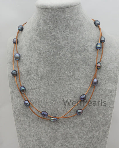 Deep blue rice pearl and leather necklace,Baroque Freshwater Pearl Drop Necklace,drop pearl necklace,wholesale,Le4-112