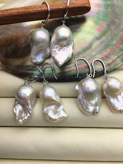 AAA 13-18mm white flame ball pearl dangle earrings,sterling silver,earring with white baroque Natural Pearl,SE3-031-17