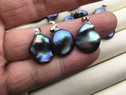 1pc AAA 13x16mm deep blue keshi pearl pendant necklace,S925 Sterling silver pendant,NC1-009