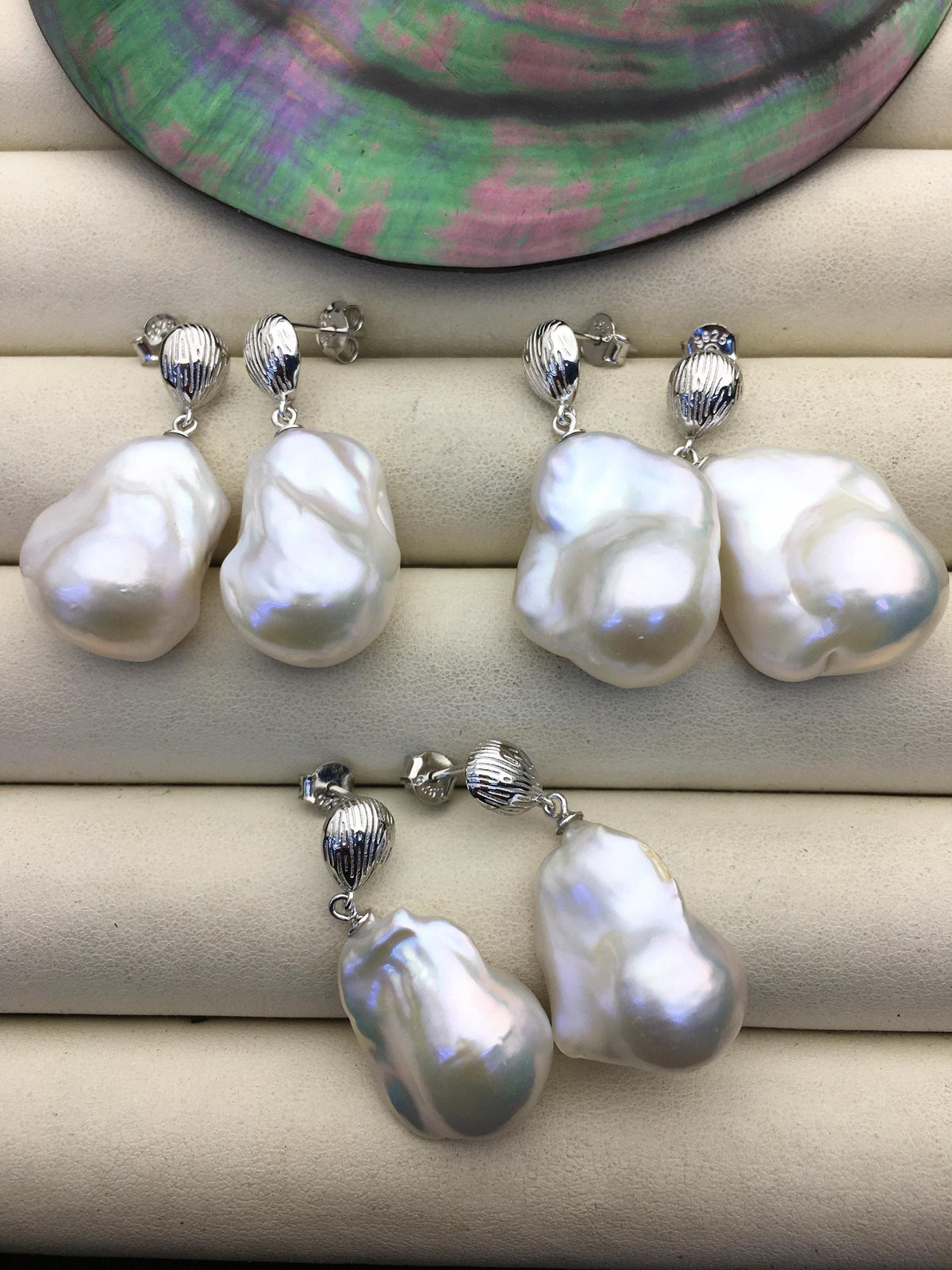 1 pair AAA 13-17mm white flame ball pearl silver shell stud earrings,sterling silver,earring with white baroque Natural Pearl,SE3-031-23