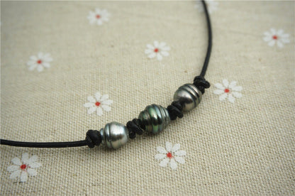 HandMade Fashion Three Tahitian pearl Leather Choker Necklace, men or women choker, Black Leather Pearl necklace,Le11-007