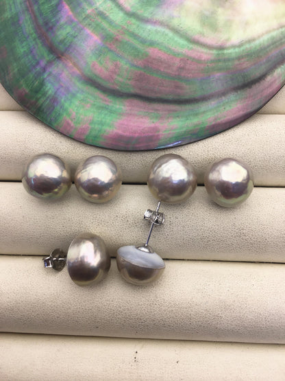 1 pair AAA 12-13mm Gray Mabe Half Ball Freshwater Pearl stud earrings,SE3-022-4