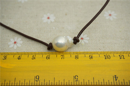 Huge pearl necklace,Leather Pearl Choker, Pearl Leather Necklace, White Freshwater pearl, Birthday, Black Leather Pearl necklace,Le2-019