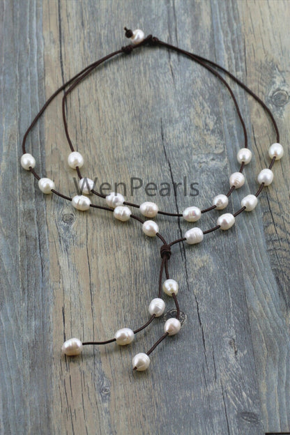 Two Rows Pearl and Leather Necklace ,Floating pearl and leather Necklace,Multi-Strand Pearls necklace,Pearl and Leather necklace,Le3-071