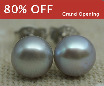 AAA+ 4mm-12mm Gray Pearl Stud Earrings, button round,Select Size,silver grey pearl stud earrings,Sterling Silver,Wedding,SE1-007