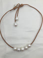 Five Round pearl leather necklace,Leather Pearl Necklace, Pearl Leather Necklace,Light Brwon Leather Pearl necklace,Le1-027