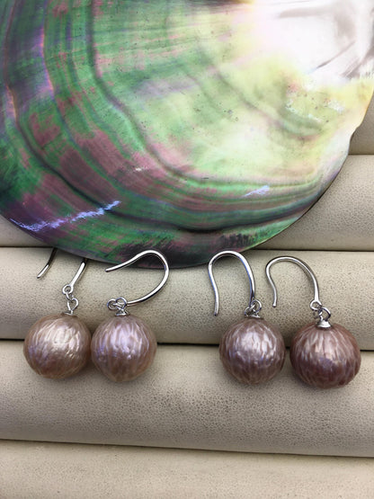 1 pair AAA 11-13/13-14mm purple handmade carved round pearl dangle earrings,S925 sterling silver earrings,SE3-T4