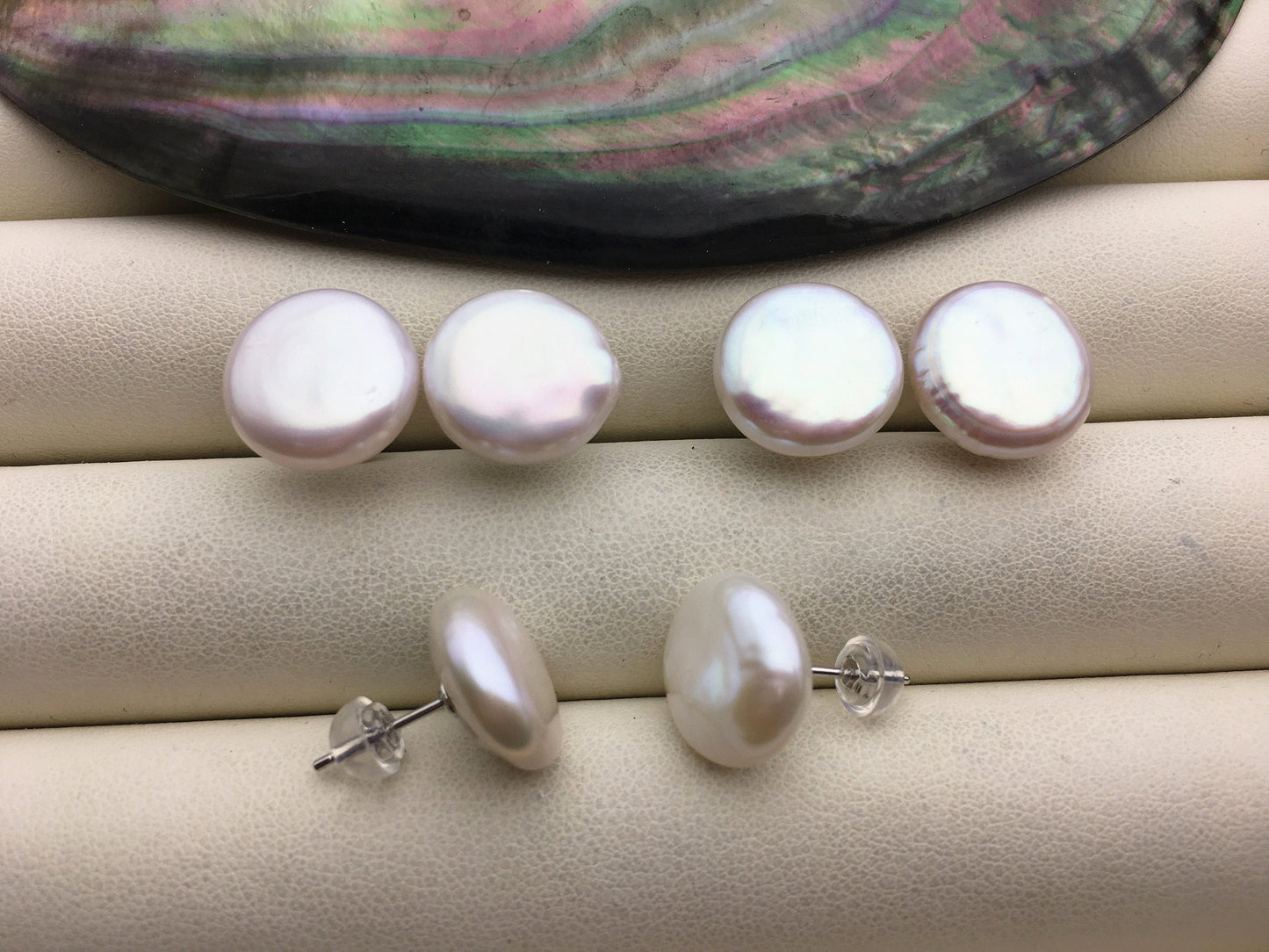 1 pair AA+ 13-14mm White Coin Fresh Water pearl stud earrings,S925 Sterling Silver,dangle pearl earrings,SE3-189