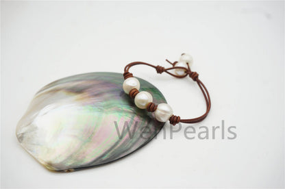 fashion jewelry,White pearl Leather Pearls Bracelet - plait leather bracelet - Select Leather Color - Genuine freshwater pearl - Le7-131