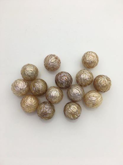 14pcs AAA 11-12mm natural bronze round Carved Freshwater Pearl - no hole - Hand Carved - CAC-T17