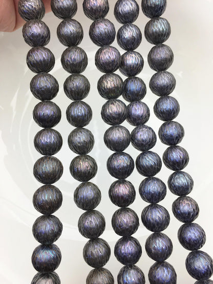 15.5'' AA+ 10-13mm Black Round Carved Freshwater Pearl - Hand Carved - CAC-T23
