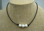 Three pearl necklace, Leather Pearl Choker, Pearl Leather Necklace, White Freshwater pearl, Black Leather Pearl necklace, BROWN,Le1-009