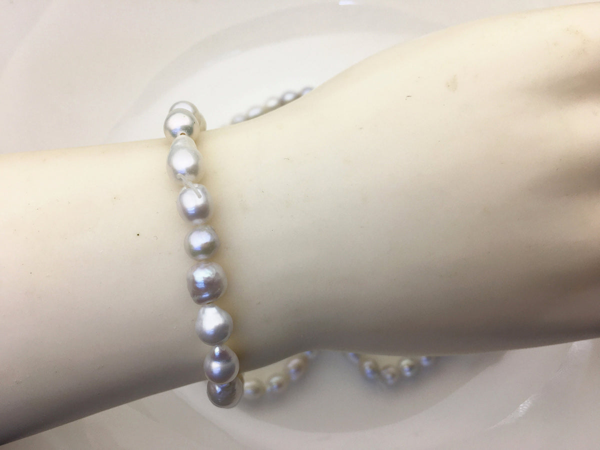 High Luster!2pcs 7 inchs AA+ 6-7mm White with natural gray Baroque Rice Freshwater Akoya pearl Elastic string Bracelet,B8-003-3