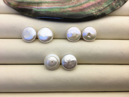 2 pairs AAA 11-12.5mm White Coin Freshwater Loose Pearls Pair,For make Pearl Jewelry,0.9mm half hole,COIN11-3A-1