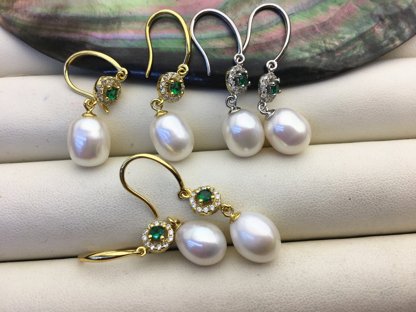 AAA 9mm White rice pearl cz stud earrings,zircon S925 Sterling Sliver pearl earrings,green stone earrings,SE3-002