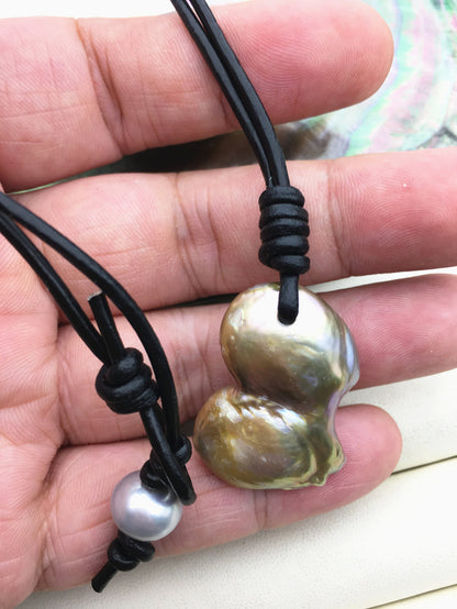 big gray bronze baroque pearl and leather necklace,valentine's day,Le1-067