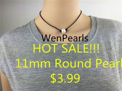 Hot sale! 11mm Round pearl necklace,Leather Pearl Choker,Pearl Leather Necklace,White Freshwater pearl,Black Leather Pearl necklace,Le1-001