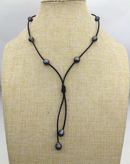real tahitian pearl floating drop part leather Necklace,black,brown Leather color Pearl necklace, Leather pearl necklace,Le11-029