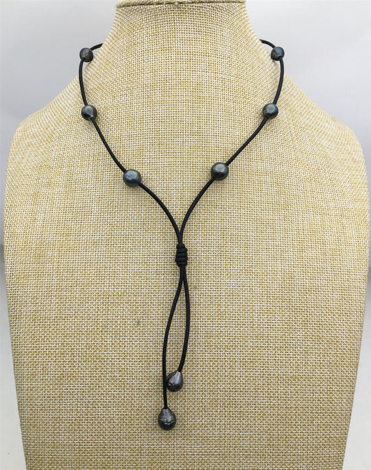 real tahitian pearl floating drop part leather Necklace,black,brown Leather color Pearl necklace, Leather pearl necklace,Le11-029