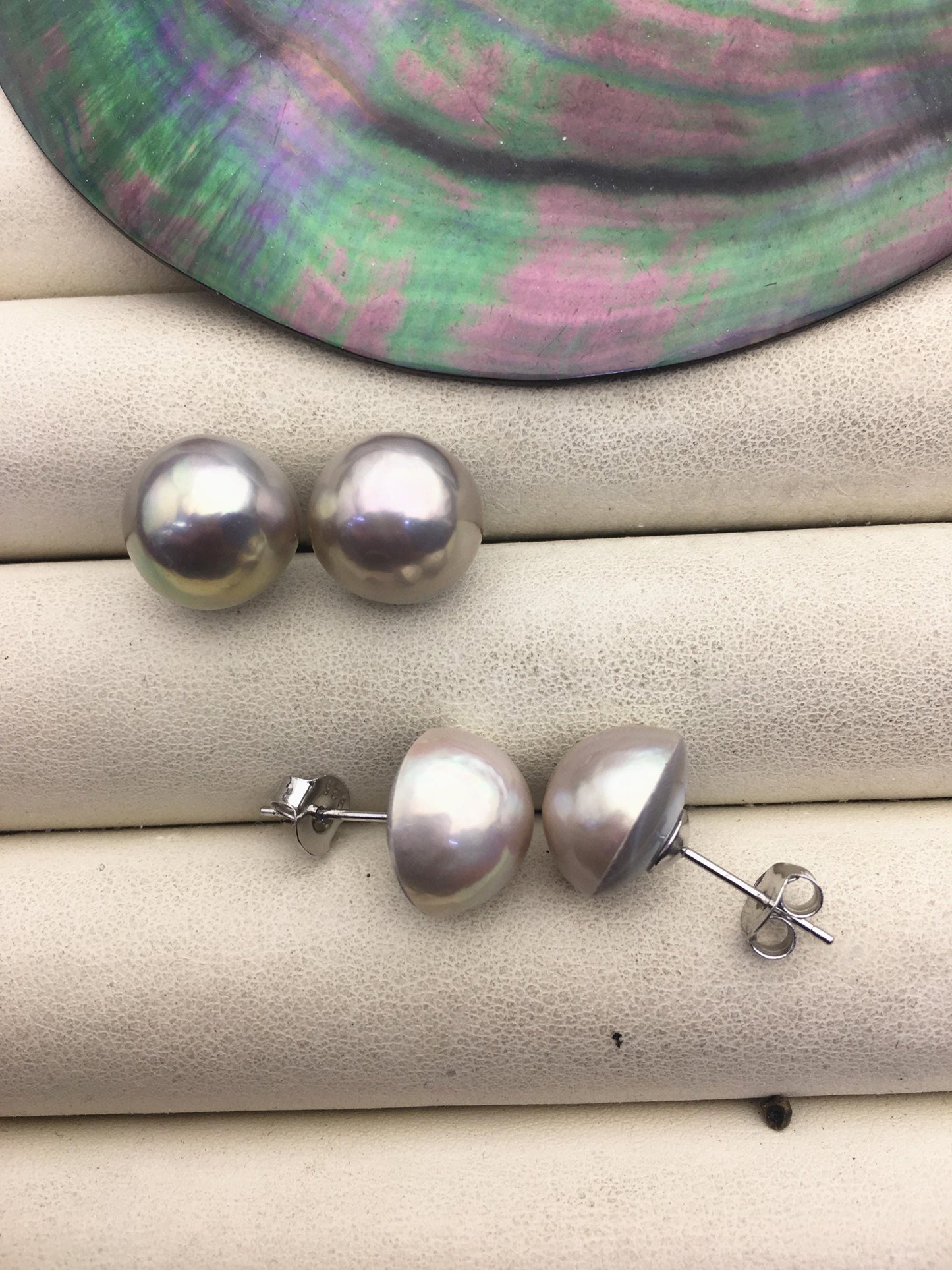 1 pair AAA 12-13mm Gray Mabe Half Ball Freshwater Pearl stud earrings,SE3-022-1