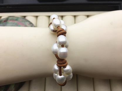 Rice white pearl leather necklace,twisted leather pearl bracelet, knotted freshwater pearl bracelet,Leather Pearls Bracelet,Le21-004