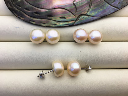 AAA 9.5-10mm light orange pink button round pearl stud earrings - SE1-T44
