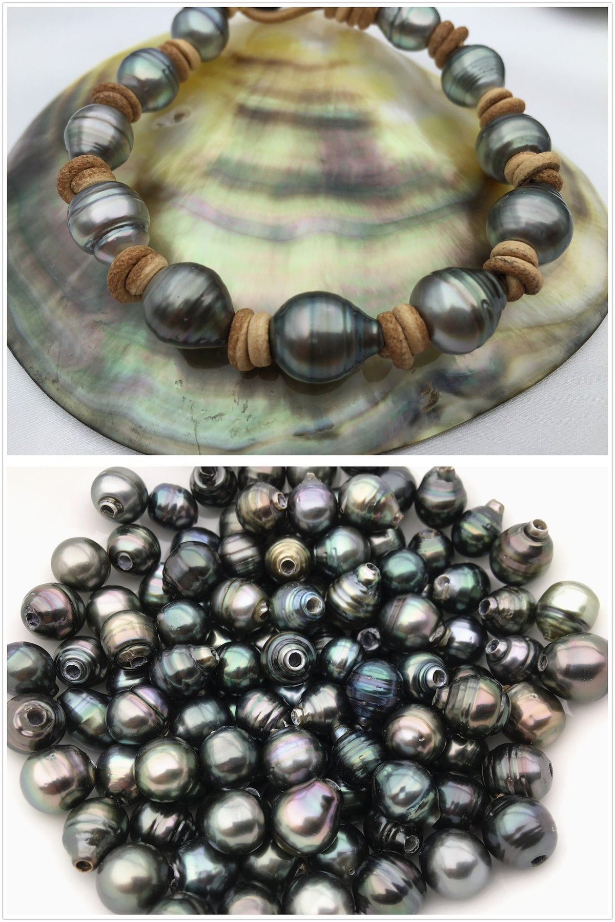 Real Green Tahitian pearl bracelet,High Luster pearl, Pearl Leather bracelet,Taitian pearl bracelet, Black Leather Pearl bracelet,Le10-002