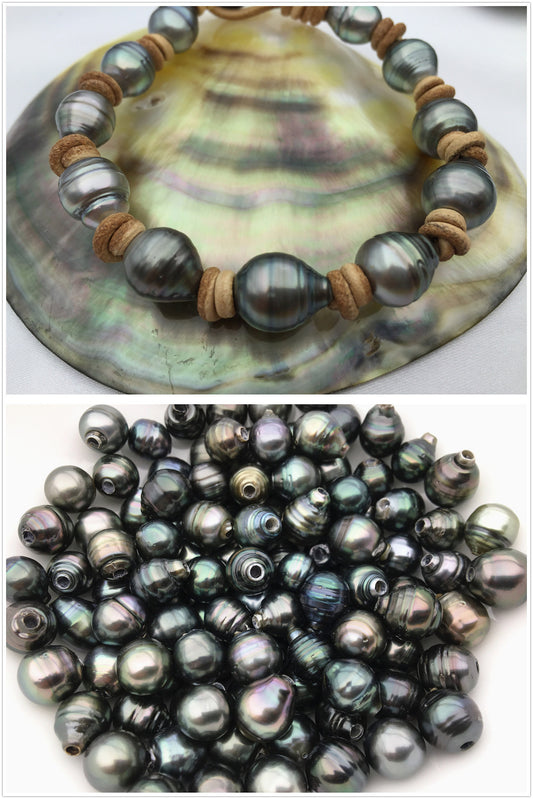 Real Green Tahitian pearl bracelet,High Luster pearl, Pearl Leather bracelet,Taitian pearl bracelet, Black Leather Pearl bracelet,Le10-002