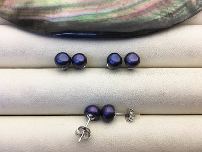 AAA 7-8mm deep blue black pearl stud earrings,Sterling Silver,SE1-T18