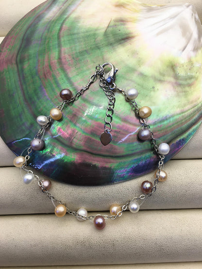 6.5+1.5'' AA+ 4-5mm twist misc color potato Freshwater pearl svlier color chain Bracelet,B8-055-4