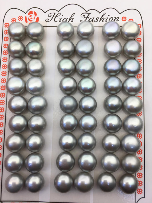 2 pairs AAA 9-9.5mm gray button round freshwater loose pearls pairs,half drilled,BTN9-T6