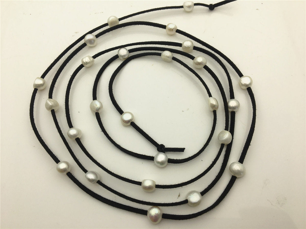 68 inches White Nugget Freshwater Pearl Wrap Bracelet Necklace Anklet on Black Brown Gray Suede Cord Multi Strands for Women,Le15-004