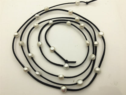 68 inches White Nugget Freshwater Pearl Wrap Bracelet Necklace Anklet on Black Brown Gray Suede Cord Multi Strands for Women,Le15-004