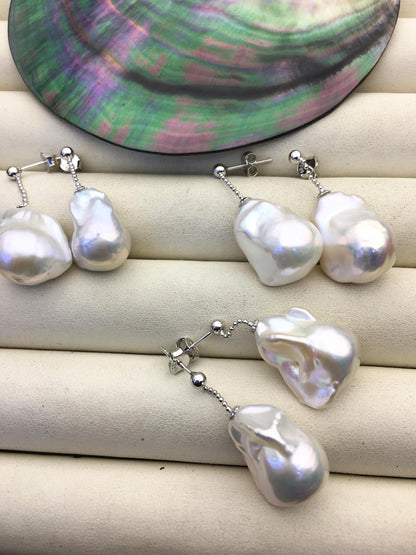1 pair AAA 13-17mm white flame ball pearl stud earrings,sterling silver,earring with white baroque Natural Pearl,SE3-031-24