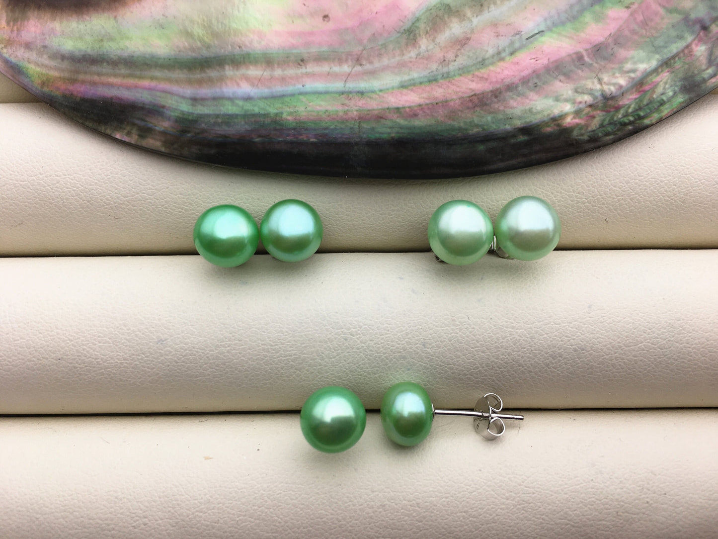 AAA 8-8.5mm Green Button Round Pearl stud earrings,Sterling Silver,SE1-022