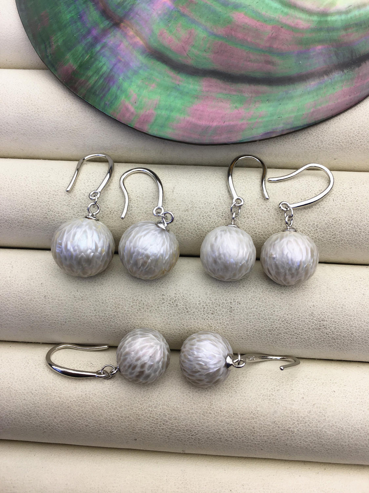 1 pair AA+ 11-13mm gray handmade carved round pearl dangle earrings,S925 sterling silver earrings,SE3-T9-42