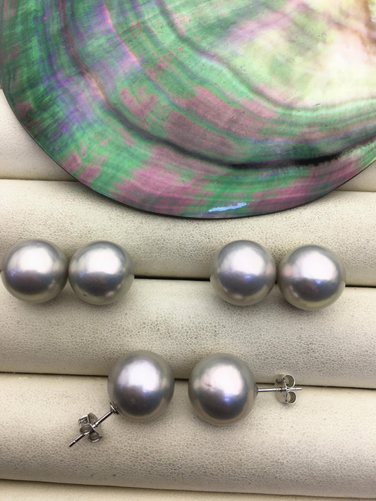1 pair AAA 10-15mm gray rainbow round edison pearl stud earrings,S925 Sterling Sliver stud earrings,wedding pearl earrings,SE3-T9-57
