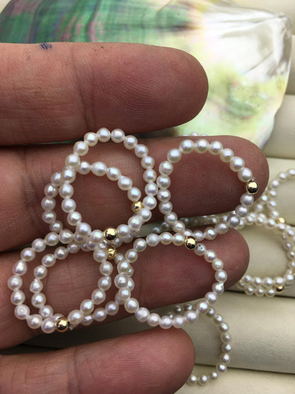 2pcs Fashion AAA 3mm tiny white oval pearl 14k goldfilled gold ball elastic ring,R1-001