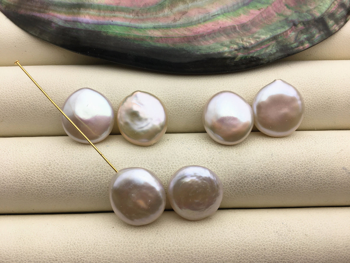 1 pair AAA 13-15mm White Coin Freshwater Pearl White loose Beads Pair,wholesale,ZS-103-37-23