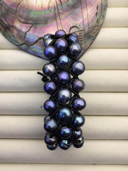Three rows deep blue pearl bracelet,Leather Pearls Bracelet, Handmade Cuff,White Pearls on Brown Leather,Black leather bracelet,Le7-095