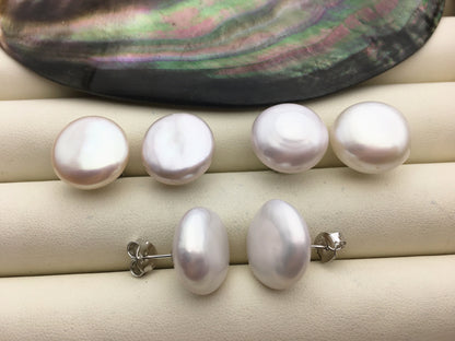1 pair AA+ 15-16mm huge Coin Fresh Water pearl stud earrings,S925 Sterling Silver,SE3-186-3