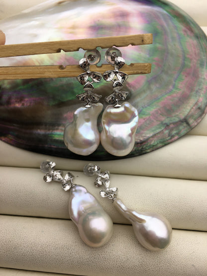 1 pair AA+ 14-16mmx20-28mm flame ball pearl stud earrings,sterling silver,earring with white baroque Natural Pearl,SE3-031-2